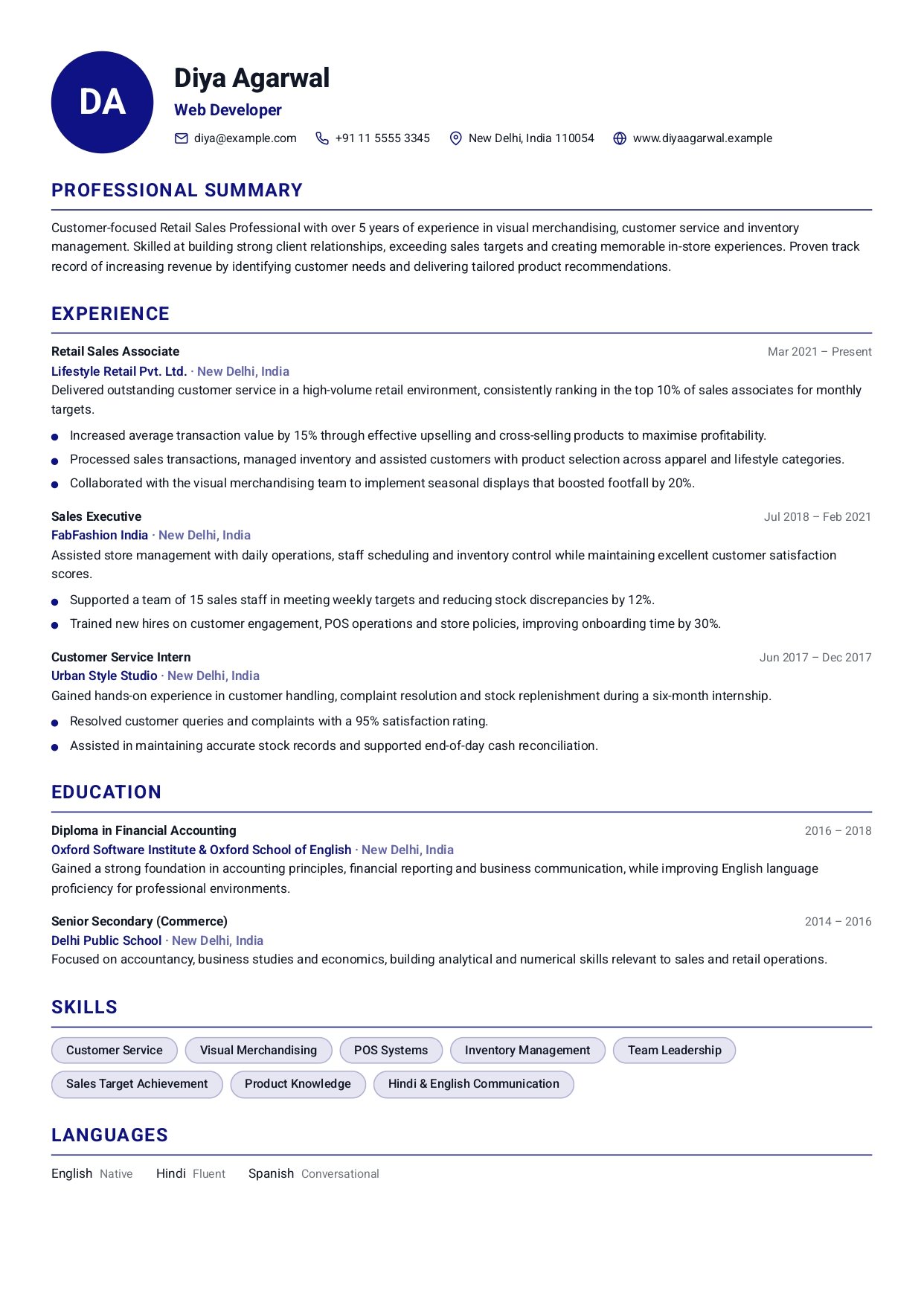 Web Developer professional resume template preview